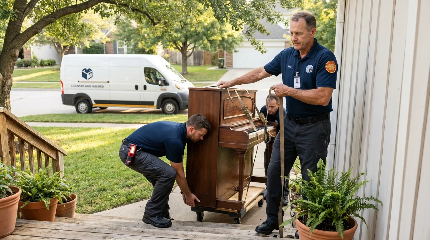 Licensed piano movers securing grand piano in Lexington Park, MD