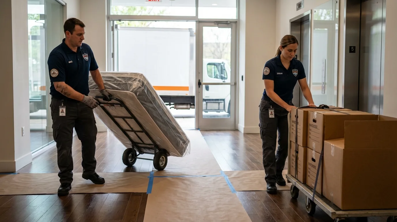Professional apartment movers loading elevator in Lexington Park, MD