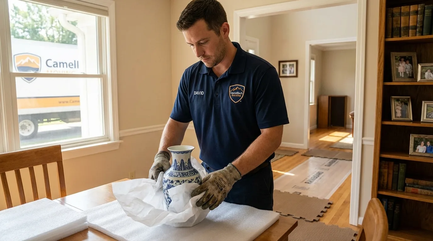 Professional crew carefully wrapping antique vase for senior downsizing move in Lexington Park, MD
